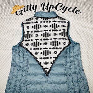 Rare Find! Upcycled Light Blue Western Vest with B/W aztec print "XL"